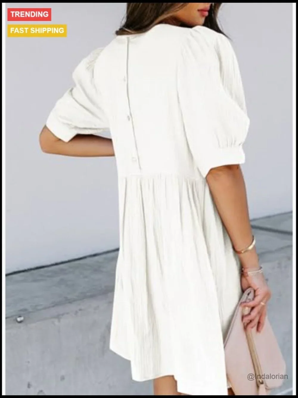 Summer Crewneck Puff Sleeve Babydoll Empire Waist Mini Swing Skater Dress with